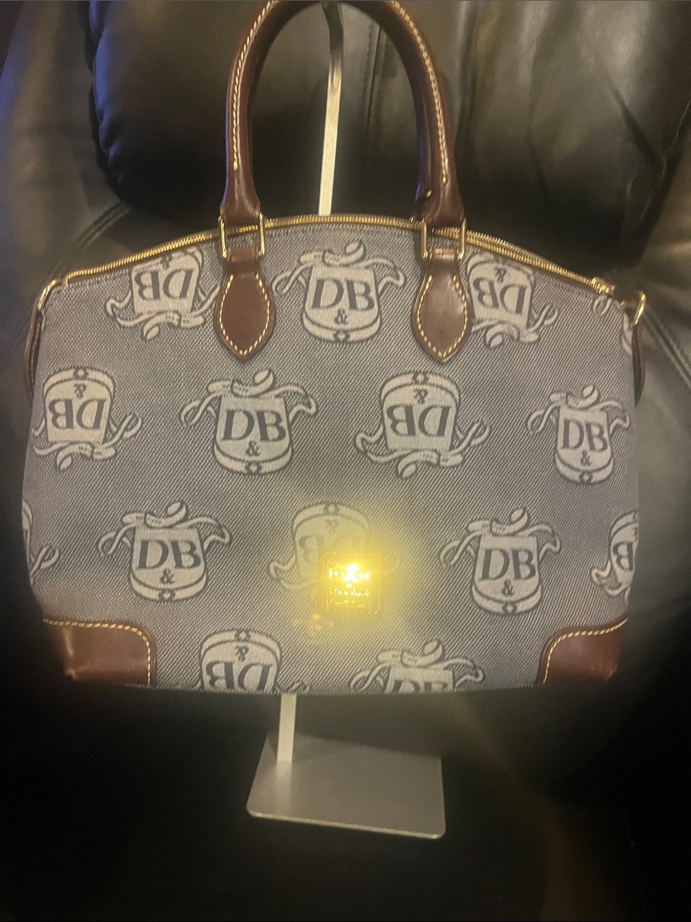 Dooney & Bourke Gretta Domed Navy Logo Satchel with Brown Leather Handles